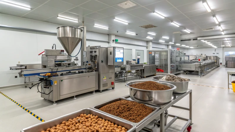 A modern pet food production facility showcasing advanced machinery.