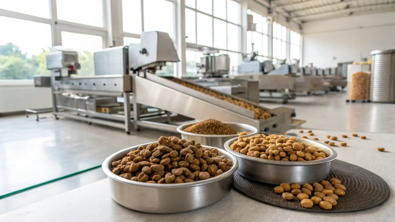 A modern pet food production facility with extrusion and baking machinery.