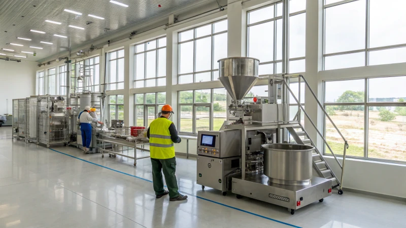 A bright and clean pet food production facility with workers in safety gear.