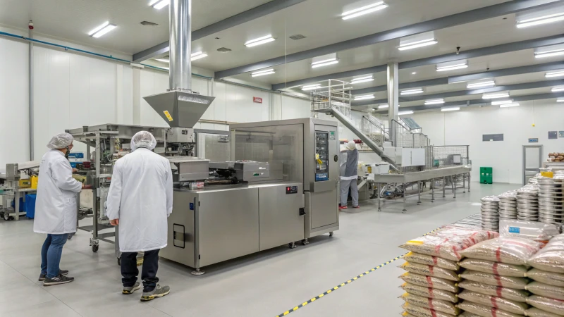 A modern pet food production facility with advanced machinery and clean environment.