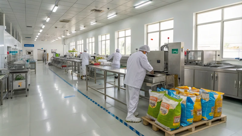 A bright and clean pet food production facility with stainless steel machinery