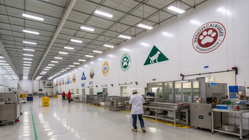 Interior of a modern pet food production facility with machinery and workers