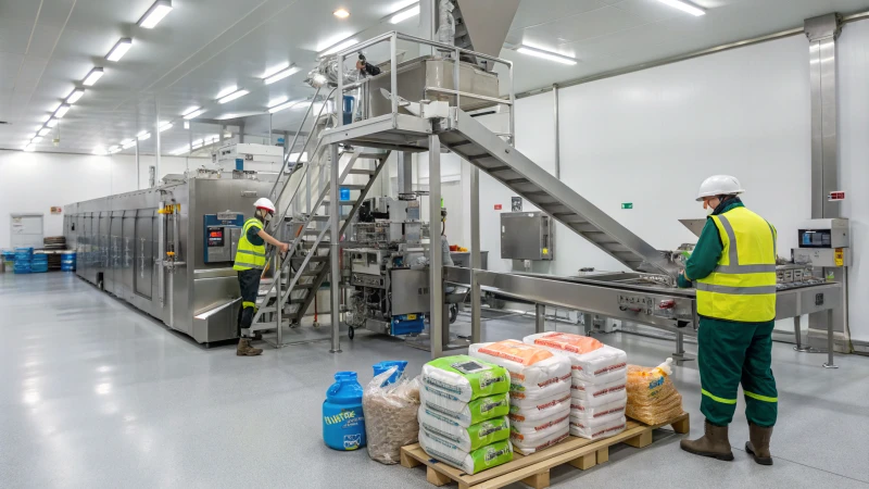 Inside a modern pet food production facility with advanced machinery and workers in safety gear