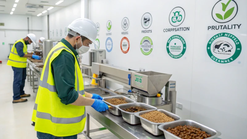 Workers in safety gear at a pet food production facility