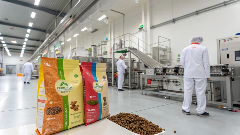 A modern pet food production facility with bright lighting and advanced machinery.