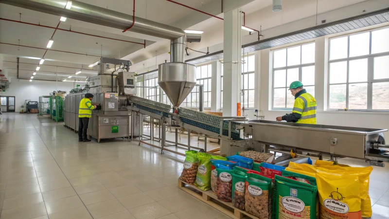 Modern pet food production facility with workers