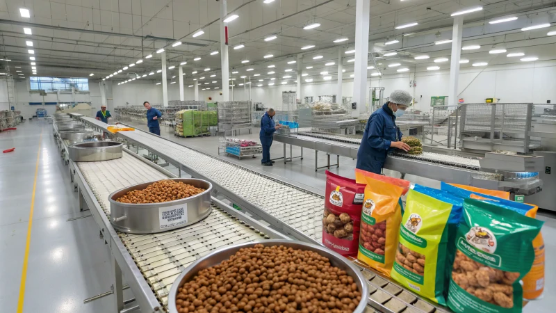 A modern pet food production line in a factory.