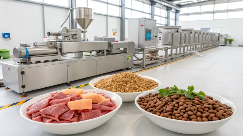 A modern pet food production line with advanced machinery and visible ingredients