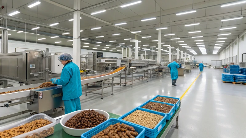 A modern pet food production line with industrial machines and workers