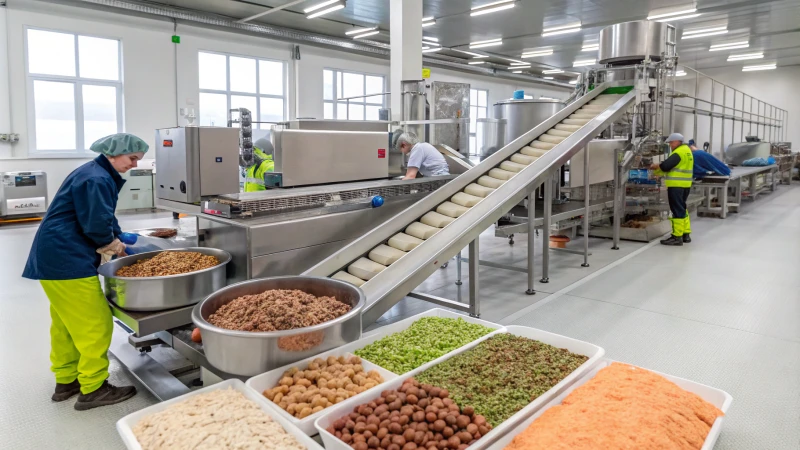 A modern pet food production line with advanced machinery and fresh ingredients