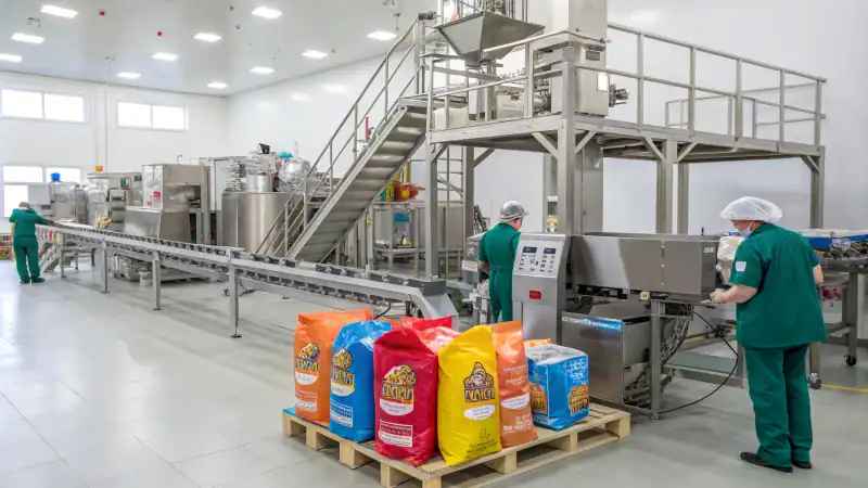 A modern pet food production line with workers and machinery