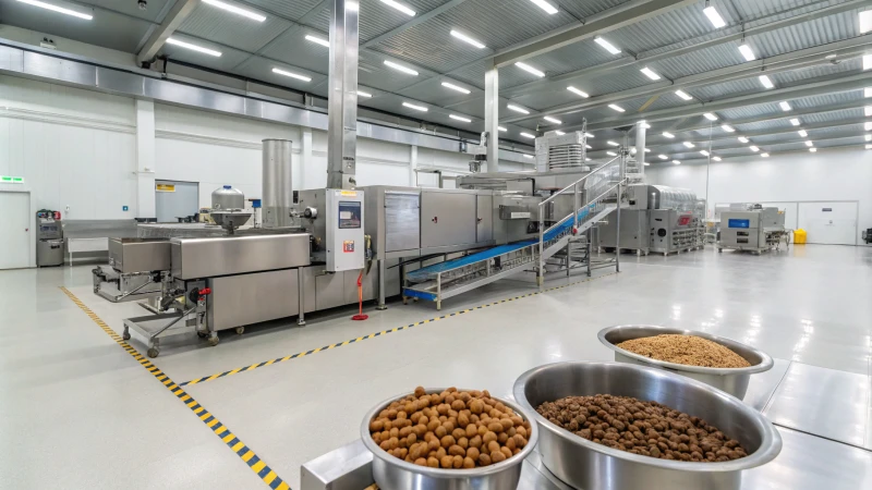 A modern pet food production line with automated machinery and quality control inspectors