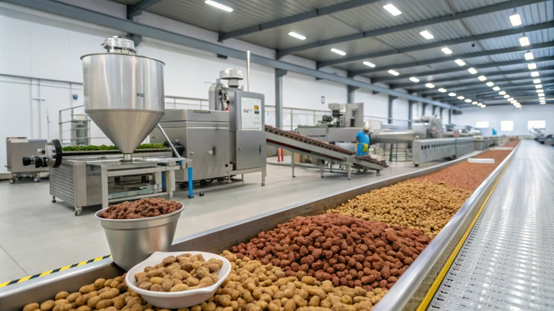 View of a modern pet food production line with machinery and ingredients