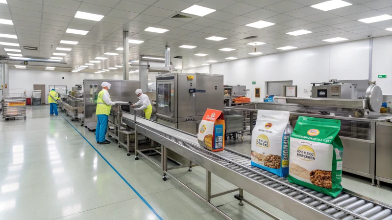 A modern pet food production line with machinery and workers