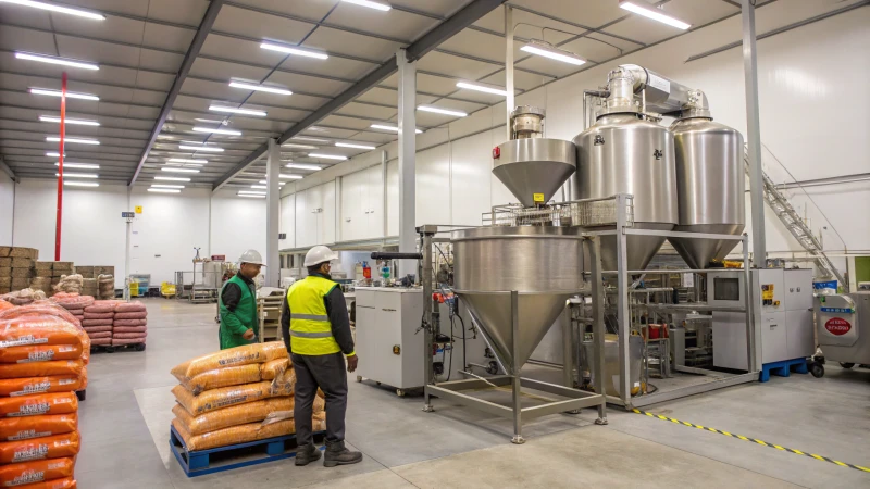 A modern pet food production line with workers in safety gear