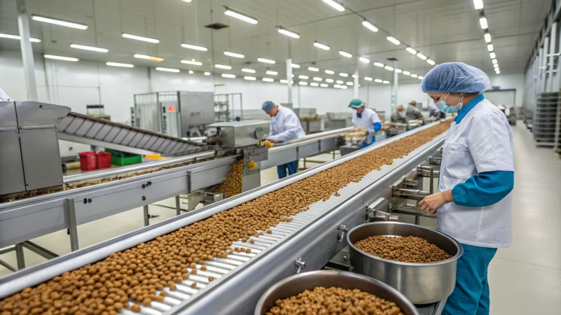 A modern pet food production facility with workers and machinery.