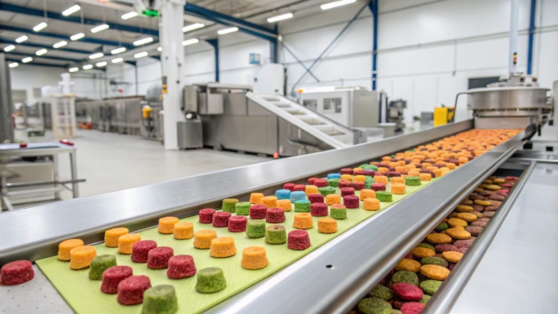 Modern pet treat processing facility with colorful treats