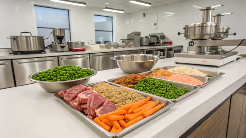 A clean professional kitchen for dog food preparation, featuring fresh ingredients and stainless steel equipment.