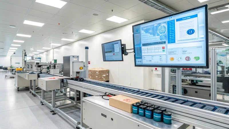 A high-tech quality control laboratory with automated systems and large screens