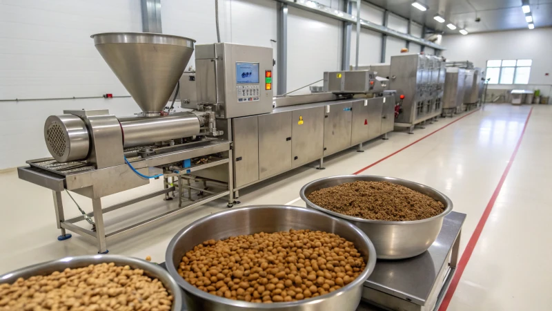 A modern pet food production line with stainless steel machines