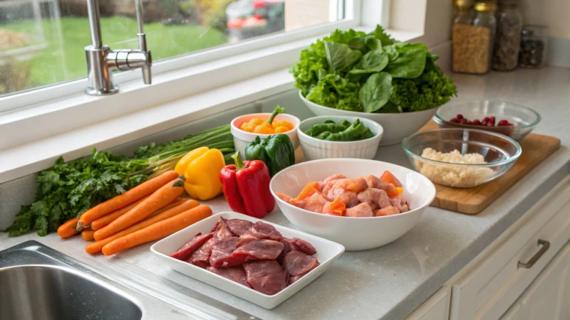 A kitchen countertop with fresh vegetables and raw meats for pet food preparation.