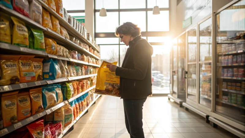 Person studying dog biscuit ingredients in a pet store