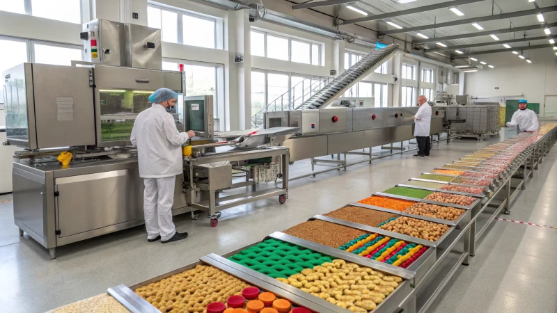 A modern pet biscuit manufacturing facility with stainless steel machinery and vibrant ingredients.