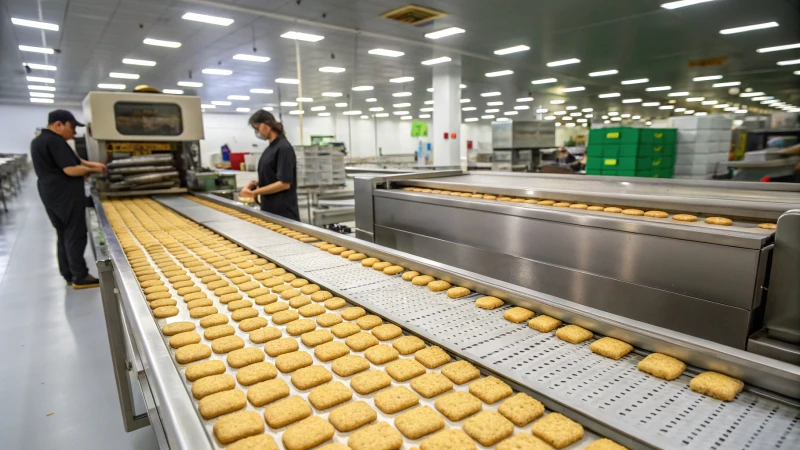 Modern pet biscuit processing line with machinery and biscuits