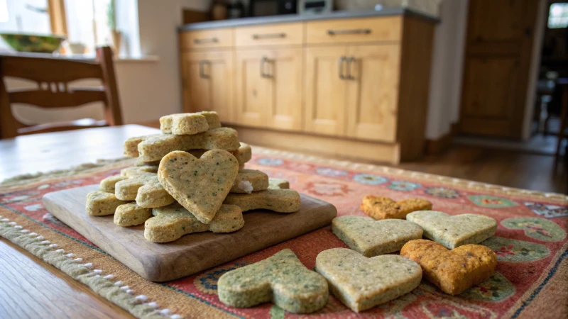 A collection of pet biscuits arranged on a rustic wooden table