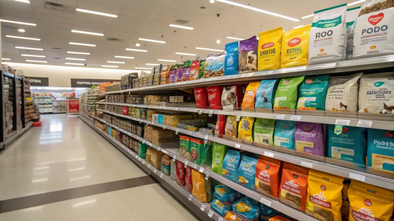 A bright and organized pet food aisle showcasing dog food brands