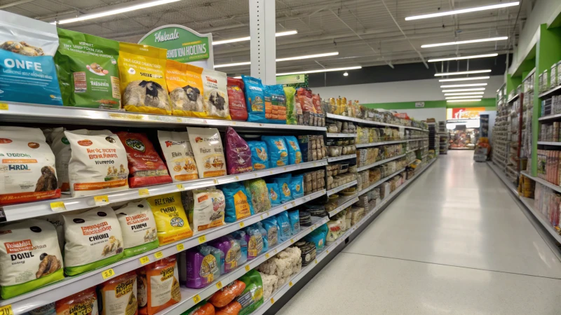 A well-organized pet food aisle in a store showcasing various dog food packages