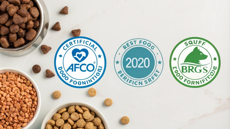 Logos of various pet food certifications including AAFCO, ISO 22000, BRCGS, and SQF on a neutral background.