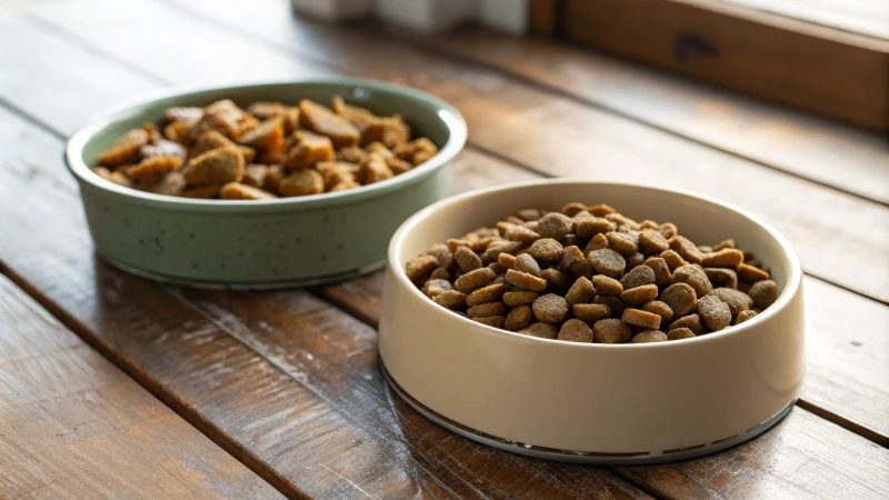 Two bowls of pet food on a wooden table