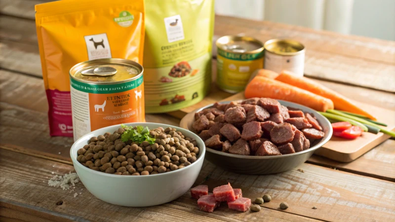 A display of various types of pet food on a wooden table