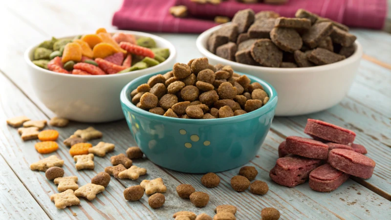 Variety of pet foods displayed on a wooden table