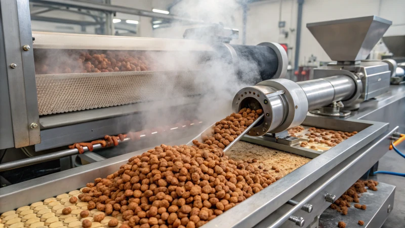 Photorealistic image of a pet food extruder in a factory