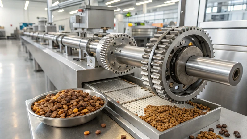 A stainless steel pet food extruder in a modern factory