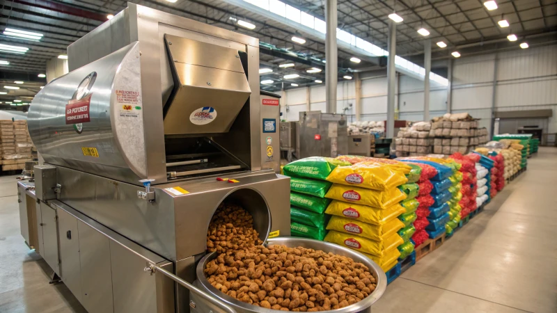 A modern pet food extruder in a factory setting