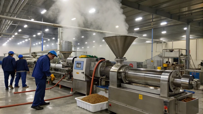 A pet food extruder machine in a factory with workers