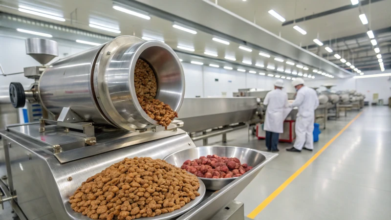 A large capacity pet food extruder in a modern manufacturing facility