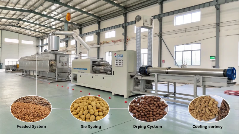 Technical illustration of a pet food extruding line