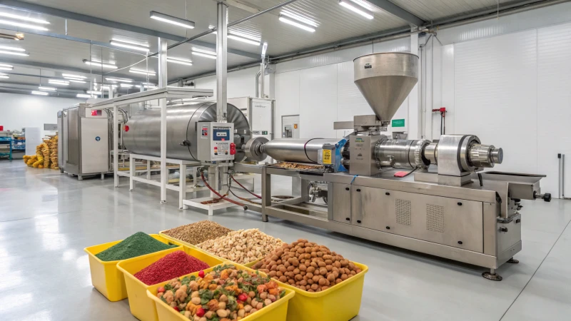 Interior view of a pet food extrusion facility with machinery