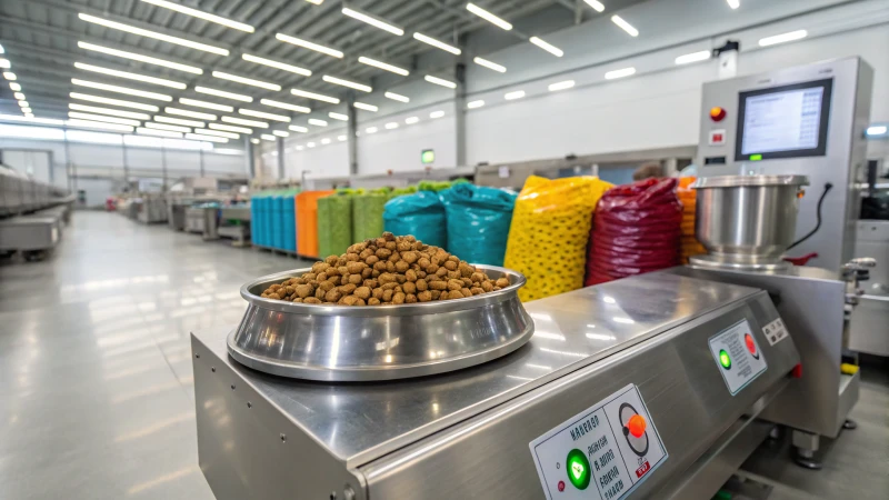 A high-tech pet food extrusion machine in a factory