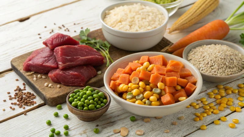 An arrangement of pet food ingredients on a wooden table