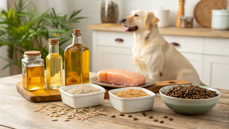 An assortment of pet food ingredients rich in fat on a rustic table with a dog in the background.