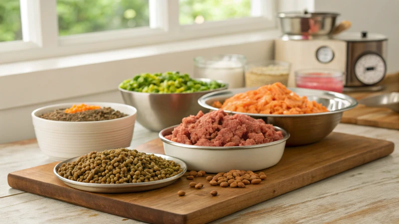 A variety of pet food ingredients on a wooden countertop