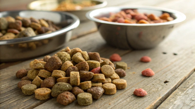 Close-up of assorted pet food kibbles on a wooden table