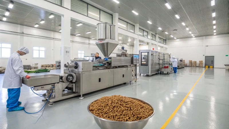 Modern pet food manufacturing facility with extruder machine