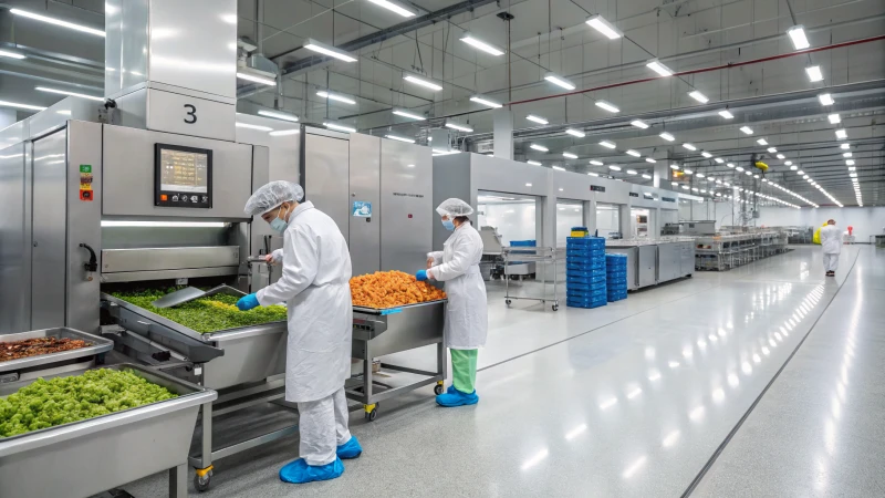 Workers inspecting ingredients in a pet food manufacturing facility