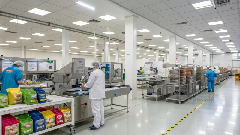 A modern pet food manufacturing facility with advanced machinery and workers.